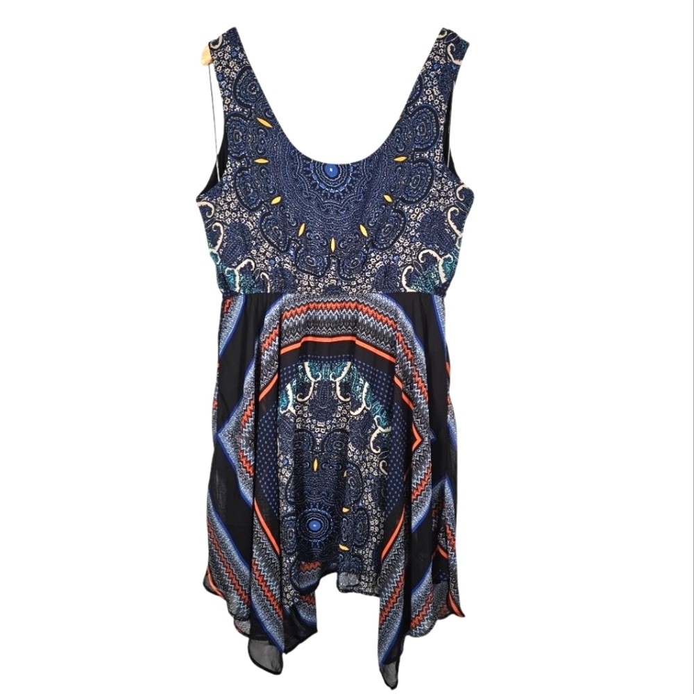 Bebop Y2K Hankerchief Hem Mini Blue Print Dress Size XL